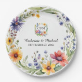 ウォーターカラーワイルドフラワーズガーデン春の結婚式 ペーパープレート (正面)