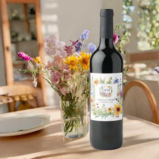 ウォーターカラーワイルドフラワーズガーデン春の結婚式 ワインラベル
