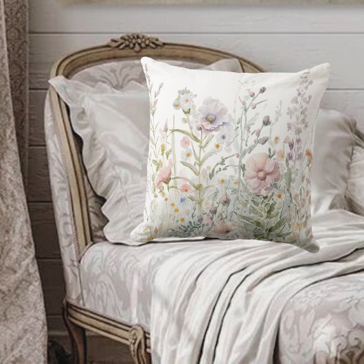 ウォーターカラーワイルドフラワーズパステル春メドウ クッション