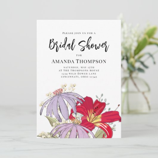 ウォーターカラーワイルドフラワーブーケブライダルシャワー 招待状 (スタンド正面)