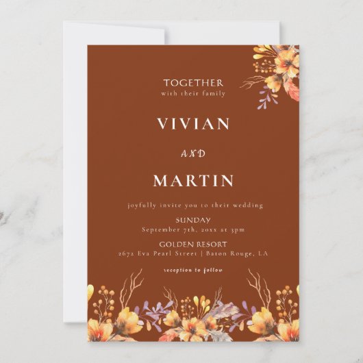 ウォーターカラーワイルドフローラテラコッタ結婚ズ 招待状 (正面)