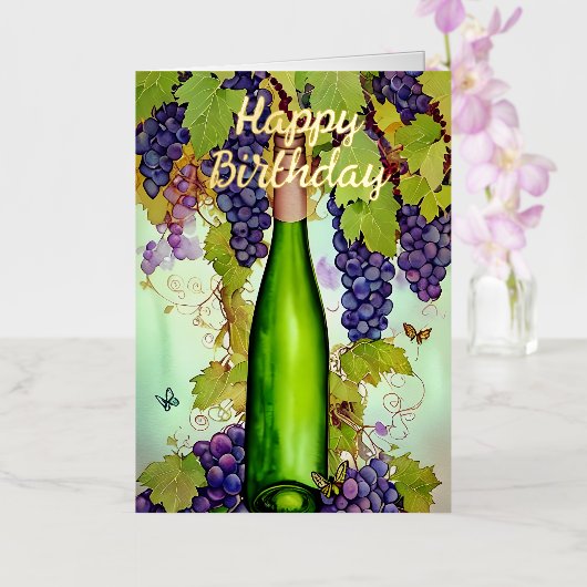 ウォーターカラーワイン&蝶誕生日 箔グリーティングカード (蘭)