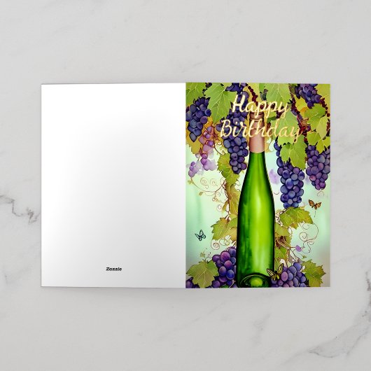 ウォーターカラーワイン&蝶誕生日 箔グリーティングカード (外側レイダウン)