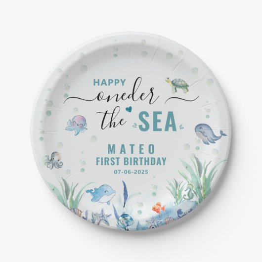 ウォーターカラーワンダーの海1歳の誕生日 ペーパープレート (正面)