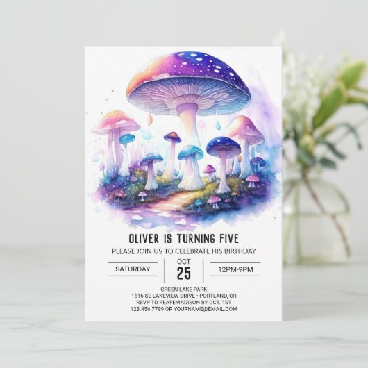 ウォーターカラーワンダーランドキノコ誕生日 招待状 (スタンド正面)