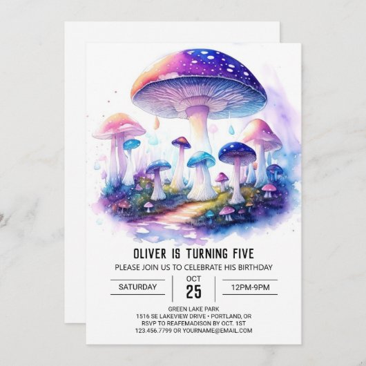 ウォーターカラーワンダーランドキノコ誕生日 招待状 (正面/裏面)