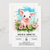 ウォーターカラーワンダーランドピグレットズガール誕生日 招待状 (正面/裏面)
