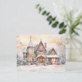 ウォーターカラーヴィンテージクリスマスハウス シーズンポストカード (スタンド正面)