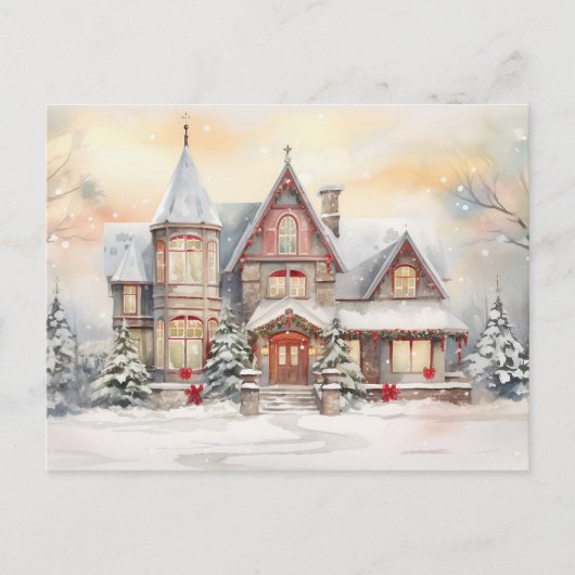 ウォーターカラーヴィンテージクリスマスハウス シーズンポストカード (正面)