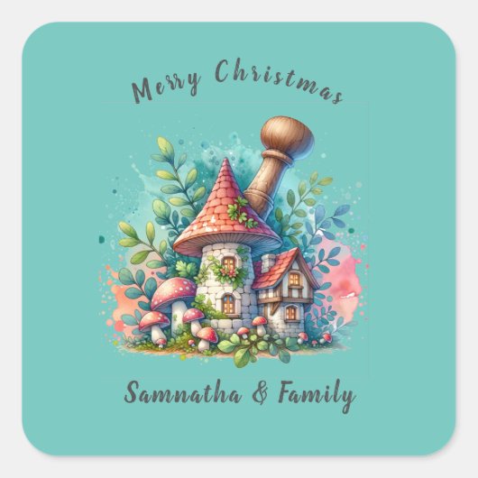 ウォーターカラーヴィンテージホームメリークリスマス名前をカスタムする スクエアシール (正面)