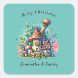 ウォーターカラーヴィンテージホームメリークリスマス名前をカスタムする スクエアシール