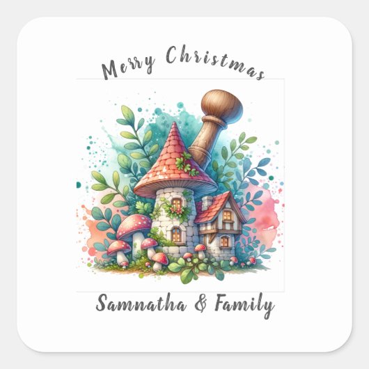 ウォーターカラーヴィンテージホームメリークリスマス名前をカスタムする スクエアシール (正面)