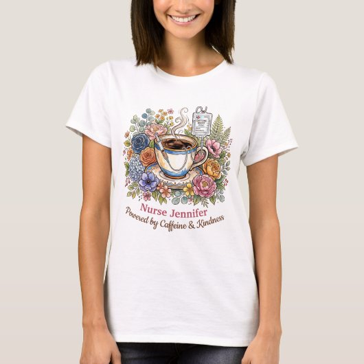 ウォーターカラー医療コーヒーフローラル 名前入り Tシャツ (正面)