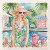 ウォーターカラー名門私立校風のパームビーチガールアットザプール ガラスコースター (正面)