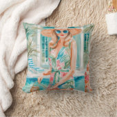 ウォーターカラー名門私立校風のパームビーチガールアットザプール クッション (ブランケット)