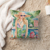 ウォーターカラー名門私立校風のパームビーチガールアットザプール クッション (ブランケット)