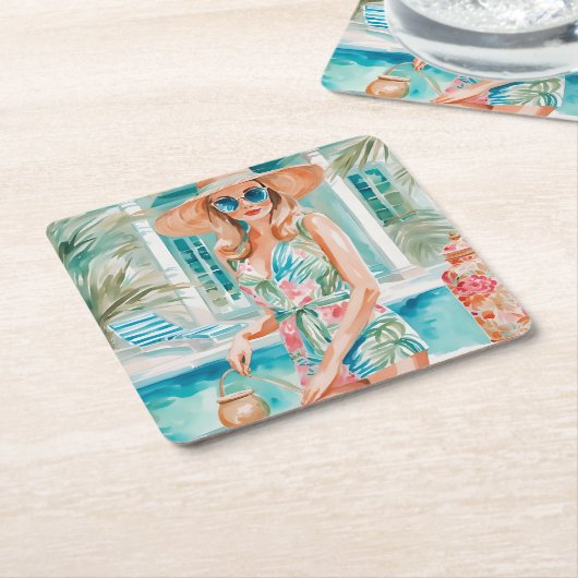 ウォーターカラー名門私立校風のパームビーチガールアットザプール スクエアペーパーコースター (アングル)