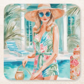 ウォーターカラー名門私立校風のパームビーチガールアットザプール スクエアペーパーコースター (正面)