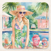 ウォーターカラー名門私立校風のパームビーチガールアットザプール スクエアペーパーコースター (正面)