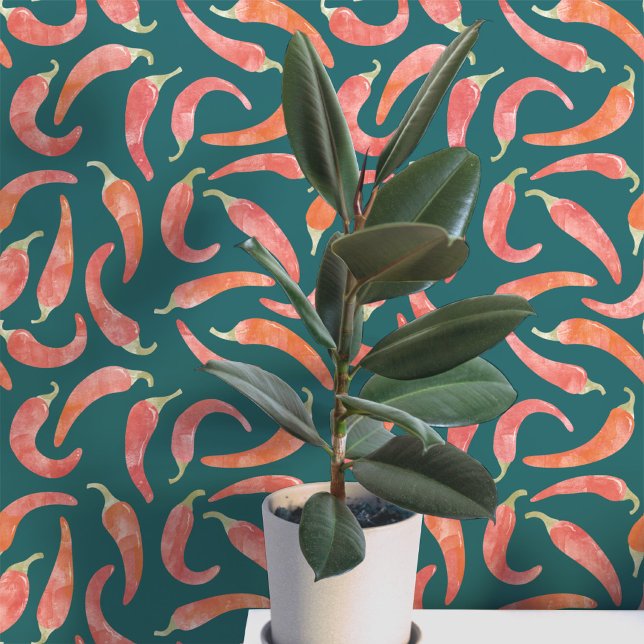ウォーターカラー唐辛子レッドダーク 壁紙 (Hot and spicy watercolor red chili peppers on a dark teal green background. Peel and stick wallpaper)