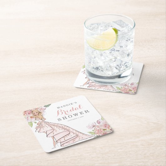 ウォーターカラー図解入りの、写真付きのブライドブライダルシャワー スクエアペーパーコースター (インサイチュ)