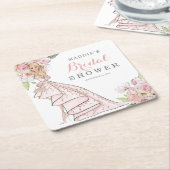 ウォーターカラー図解入りの、写真付きのブライドブライダルシャワー スクエアペーパーコースター (アングル)