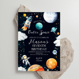 ウォーターカラー宇宙冒険お誕生日おめでとうボーイ 招待状