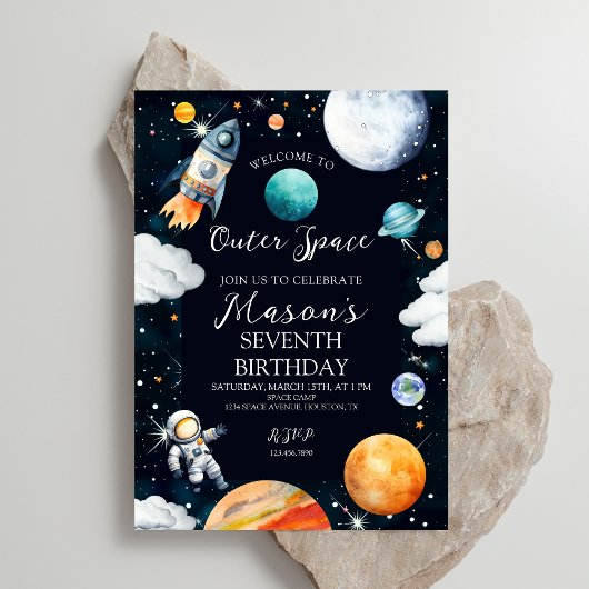 ウォーターカラー宇宙冒険お誕生日おめでとうボーイ 招待状
