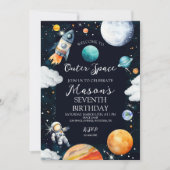 ウォーターカラー宇宙冒険お誕生日おめでとうボーイ 招待状 (正面)