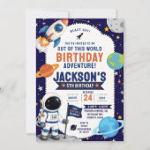 ウォーターカラー宇宙飛行士スペースキッズの誕生日パーティー 招待状 (正面)