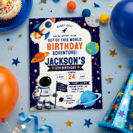 ウォーターカラー宇宙飛行士スペースキッズの誕生日パーティー 招待状