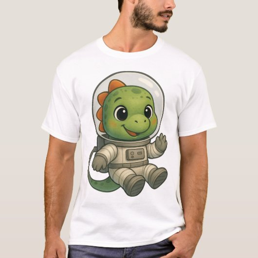 ウォーターカラー宇宙飛行士恐竜 かわいい宇宙探検 Tシャツ (正面)