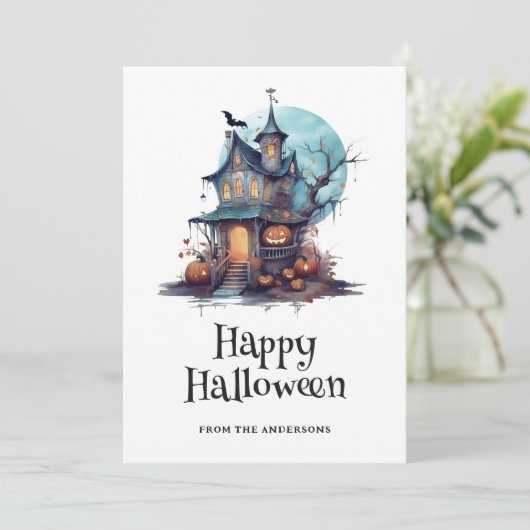 ウォーターカラー幽霊のよく出るハウスハッピーハローウィンカード シーズンカード (スタンド正面)