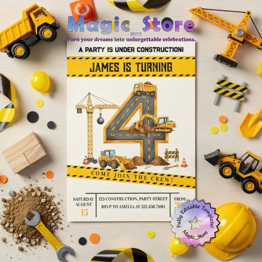 ウォーターカラー建設トラック 4歳の誕生日パーティー 招待状