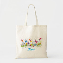 ウォーターカラー抽象ボヘミアン風の野の花 ブルー ピンク トートバッグ