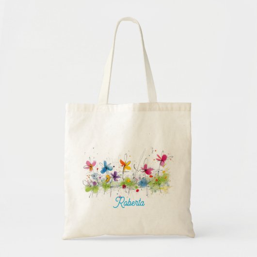 ウォーターカラー抽象ボヘミアン風の野の花 ブルー ピンク トートバッグ (正面)