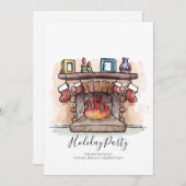 ウォーターカラー暖炉ホリデーパーティー招待状 シーズンカード (正面/裏面)