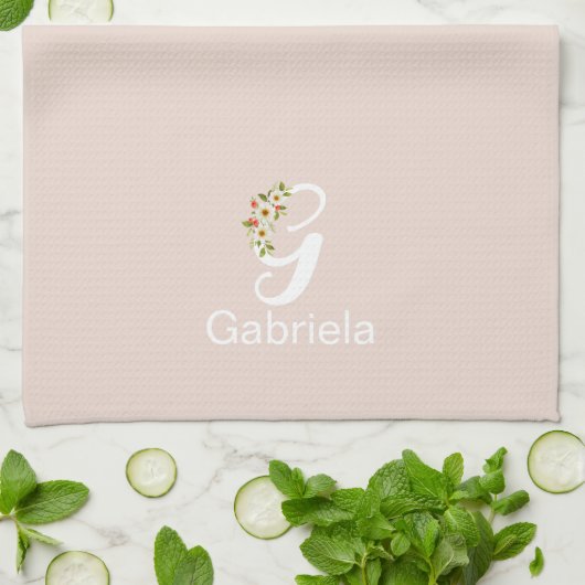 ウォーターカラー植物ベージュイニシャルモノグラム キッチンタオル (折り畳み)