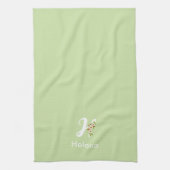ウォーターカラー植物画グリーンモノグラムイニシャル キッチンタオル (縦)