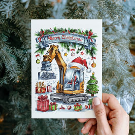 ウォーターカラー油圧ショベル建設クリスマスカード シーズンカード
