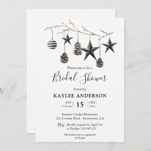 ウォーターカラー白黒クリスマスブライダルシャワー 招待状 (正面/裏面)