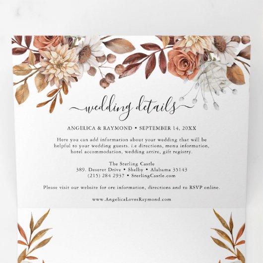 ウォーターカラー秋秋の結婚式エレガント3つ折 三つ折り招待状 (内部最初)