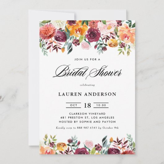 ウォーターカラー秋開花ガーランドブライダルシャワー 招待状 (正面)