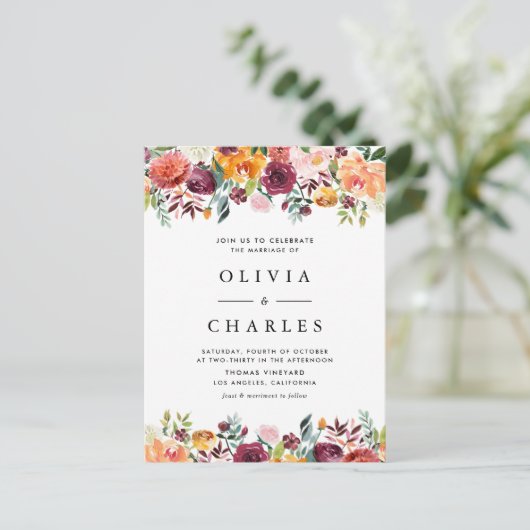 ウォーターカラー秋開花ガーランド秋の結婚式 インビテーションポストカード (スタンド正面)