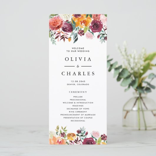 ウォーターカラー秋開花ガーランド秋の結婚式 プログラム (スタンド正面)