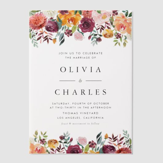 ウォーターカラー秋開花ガーランド秋の結婚式 ベラム紙招待状 (正面)