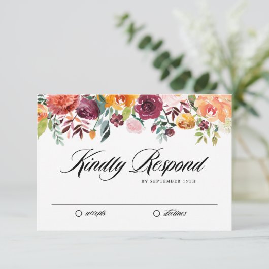 ウォーターカラー秋開花ガーランド秋の結婚式 出欠カード (スタンド正面)