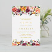 ウォーターカラー秋開花ガーランド秋の結婚式 箔招待状 (立ち正面)