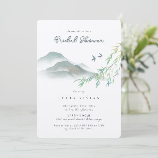 ウォーターカラー素朴グリーンリーマウンテンブライダルシャワー 招待状 (スタンド正面)