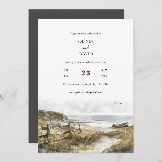 ウォーターカラー素朴コースタルフィールドアートビーチ結婚式 招待状 (正面/裏面)